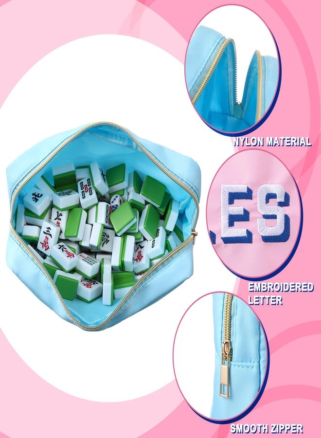 SilTriangle 2 Pcs Empty Mahjong Tile Bag American Blue Pink Mahjong Case Nylon Waterproof Zippered Storage Tile Holder Rack Bag for Game Party Gift Travel, Case Only - Image 3